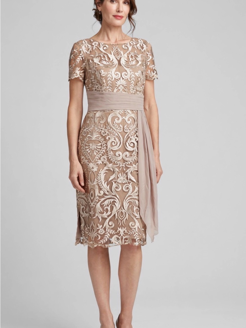 Mother Of The Bride Dress 10 Embroidered Lace Sheath Dress with Sash -Taupe Gold